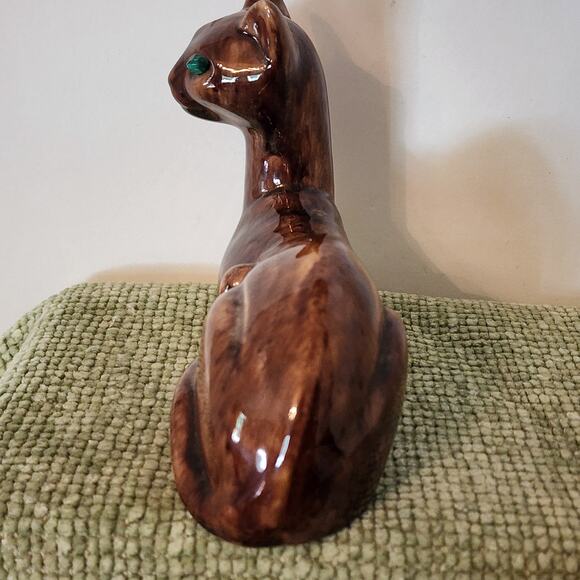 Vintage Mid Century Ceramic Siamese Cat Figurine Green Eyes Brown Glaze 6" - Picture 4 of 9